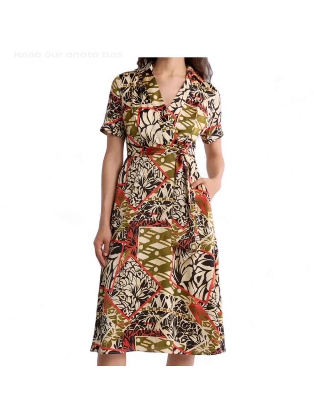 Tahari ASL Olive, Black, Cream & Red Floral Wrap Midi Dress